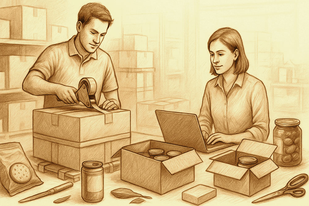 Colleagues working in warehouse with product boxes