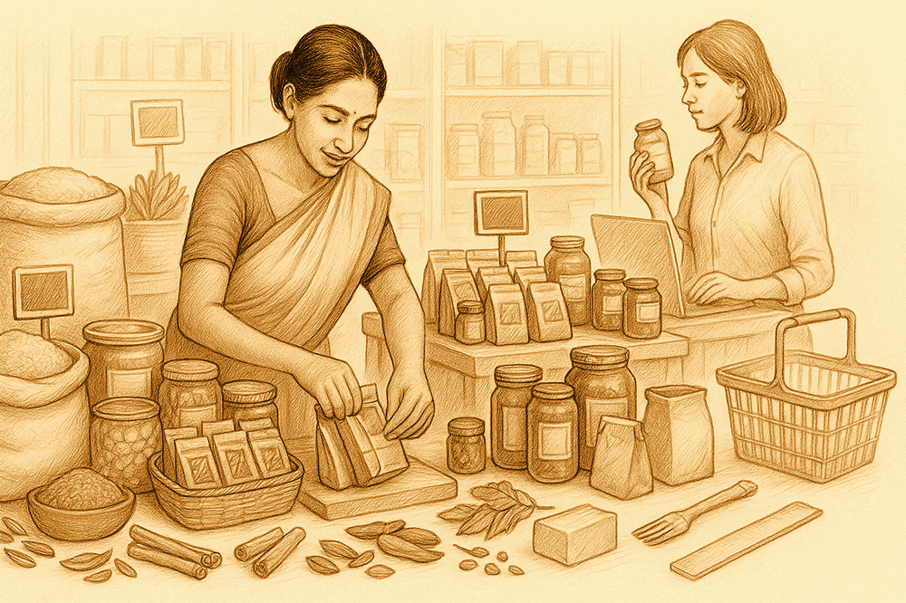 Interior of specialty food store with customers shopping for international products