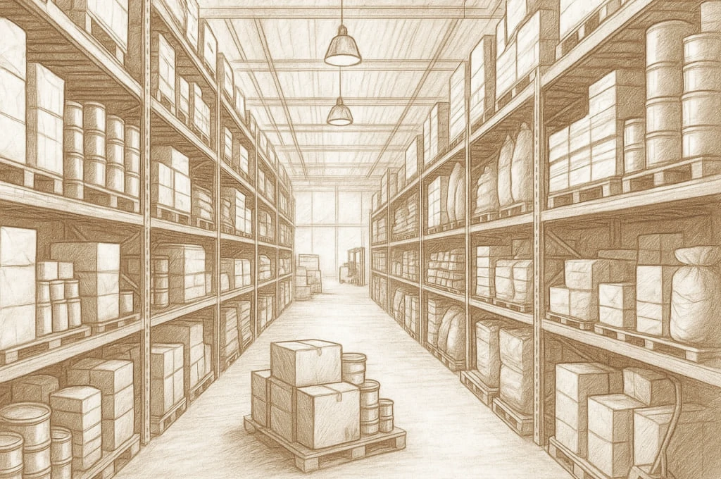 Wholesale warehouse with organized shelves of Sri Lankan products